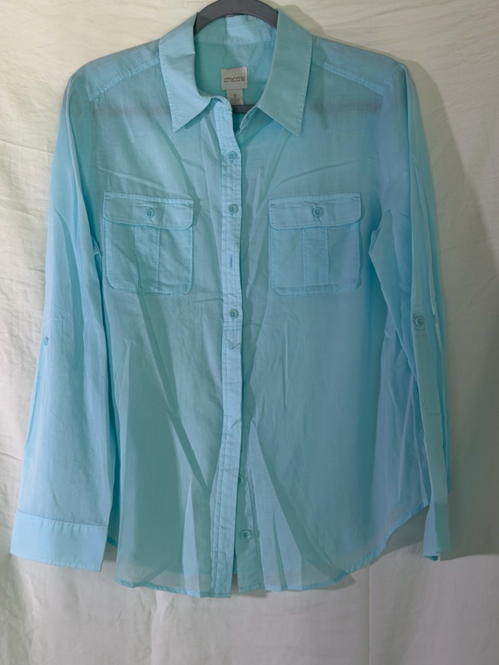 Chico's Sheer Light Blue Button-Up Blouse